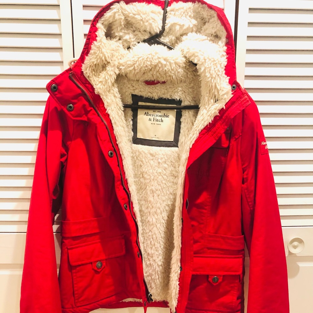 Red Abercrombie & Fitch Fur-lined, Hooded Coat